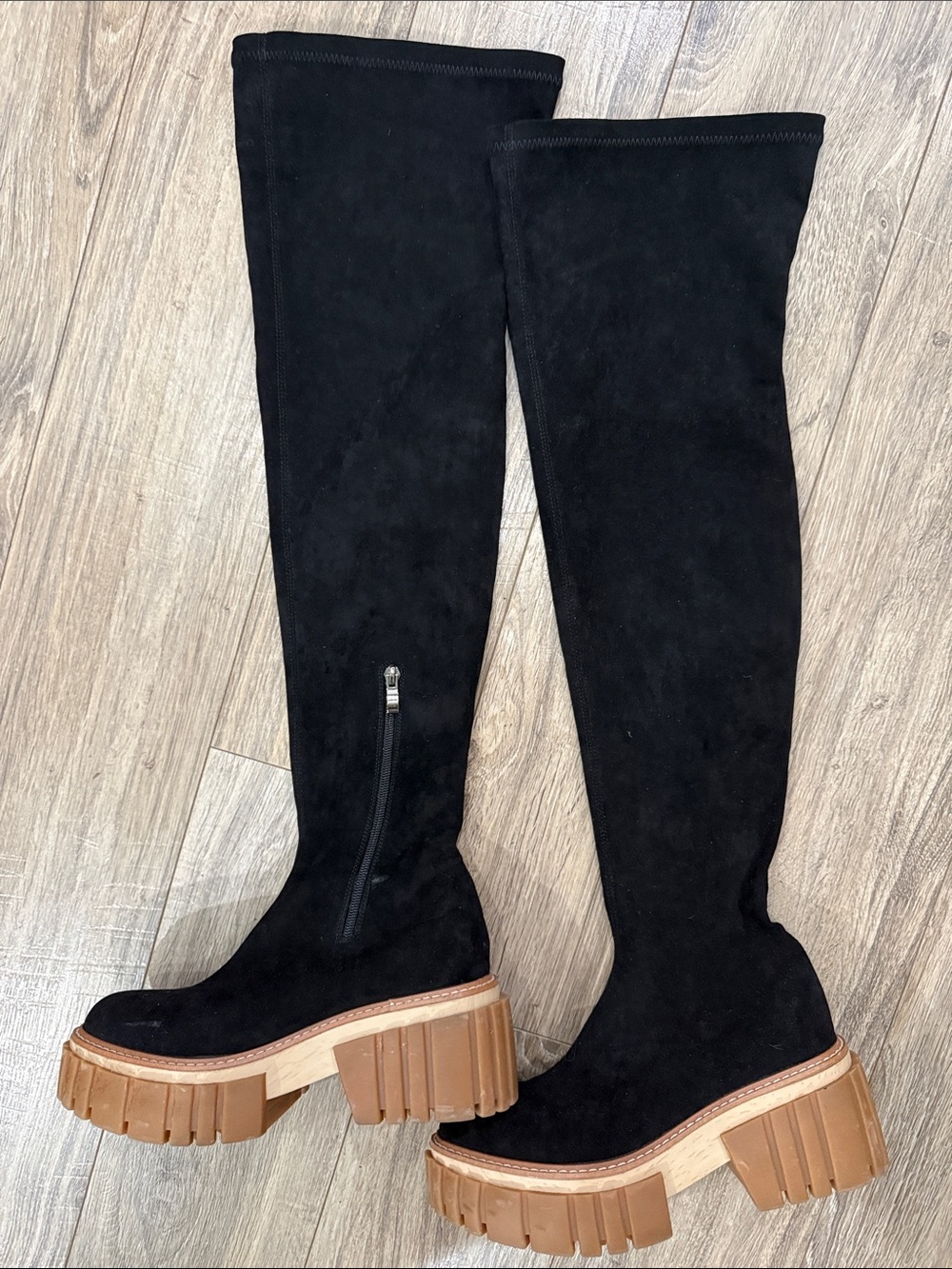 Stella McCartney Black Over-the-Knee Suede-Look Boots with Tan Lug Sole sz 38